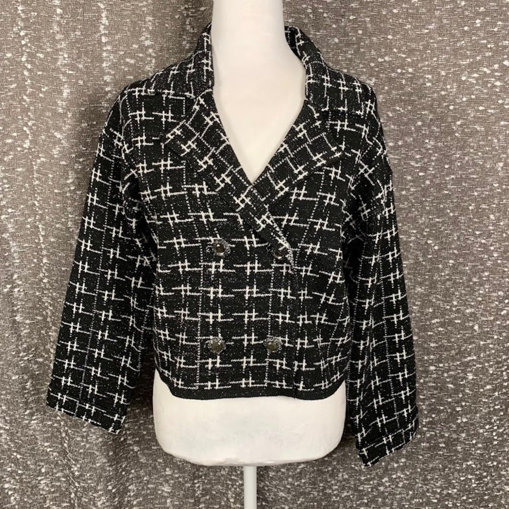 Zara Black White Cropped Double Breasted Blazer Jacket Preppy Women's Small